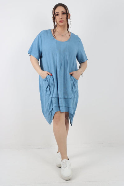 Panel Hem Front Pocket Linen Dress - Lashra Fashion