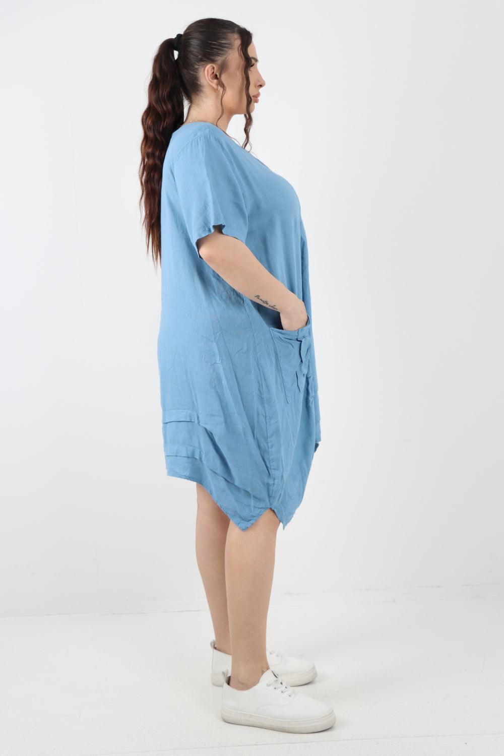 Panel Hem Front Pocket Linen Dress - Lashra Fashion