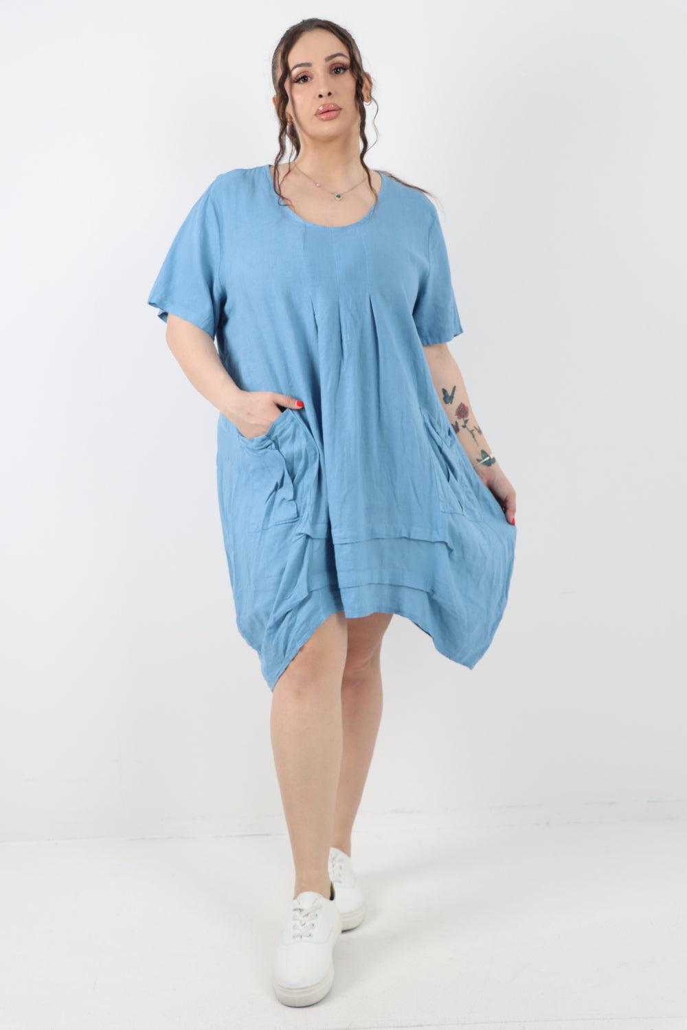 Panel Hem Front Pocket Linen Dress - Lashra Fashion