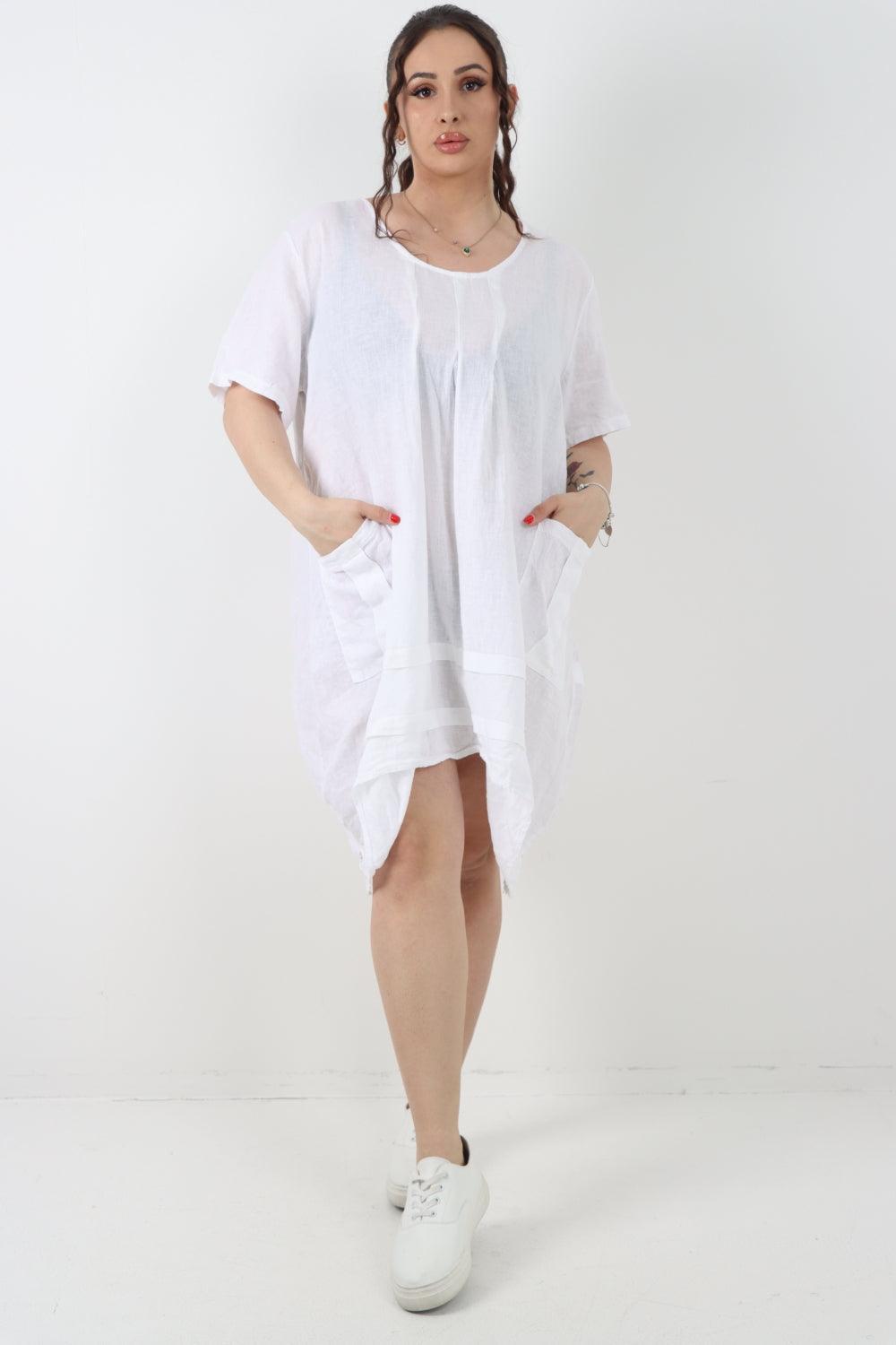 Panel Hem Front Pocket Linen Dress - Lashra Fashion