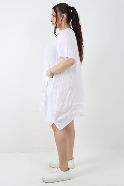 Panel Hem Front Pocket Linen Dress - Lashra Fashion