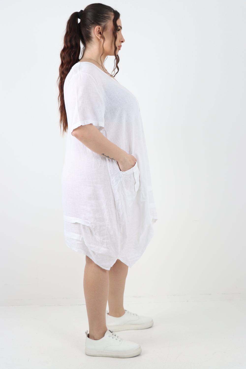 Panel Hem Front Pocket Linen Dress - Lashra Fashion