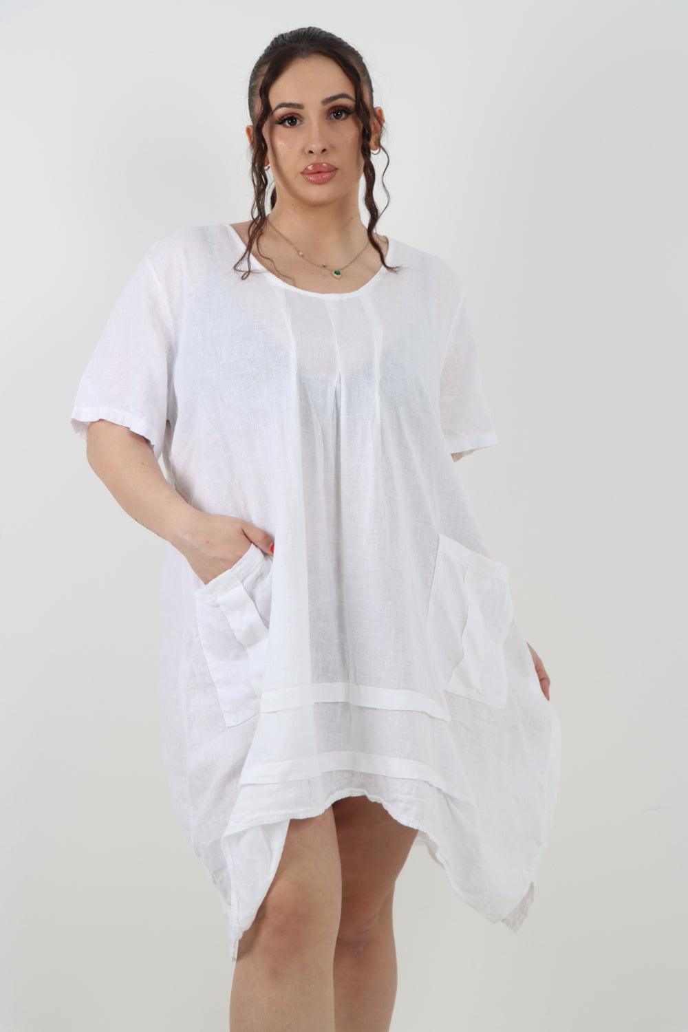 Panel Hem Front Pocket Linen Dress - Lashra Fashion