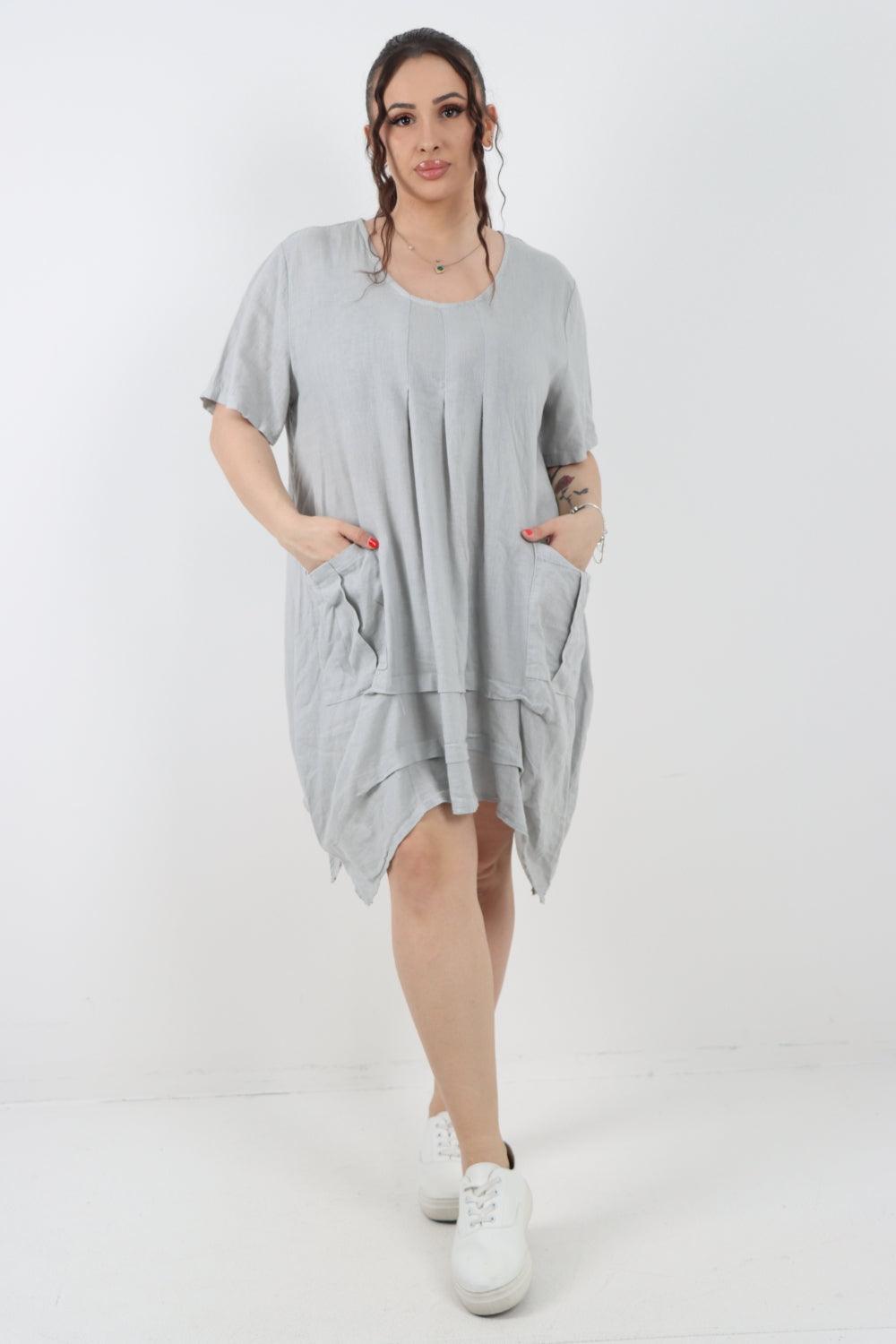 Panel Hem Front Pocket Linen Dress - Lashra Fashion