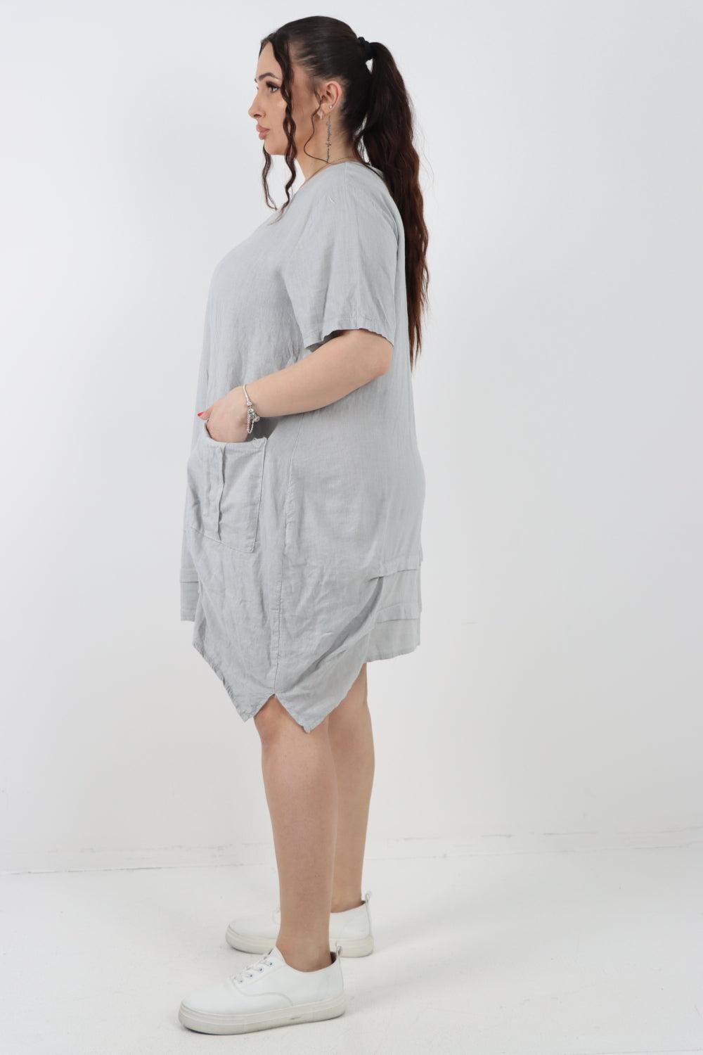 Panel Hem Front Pocket Linen Dress - Lashra Fashion