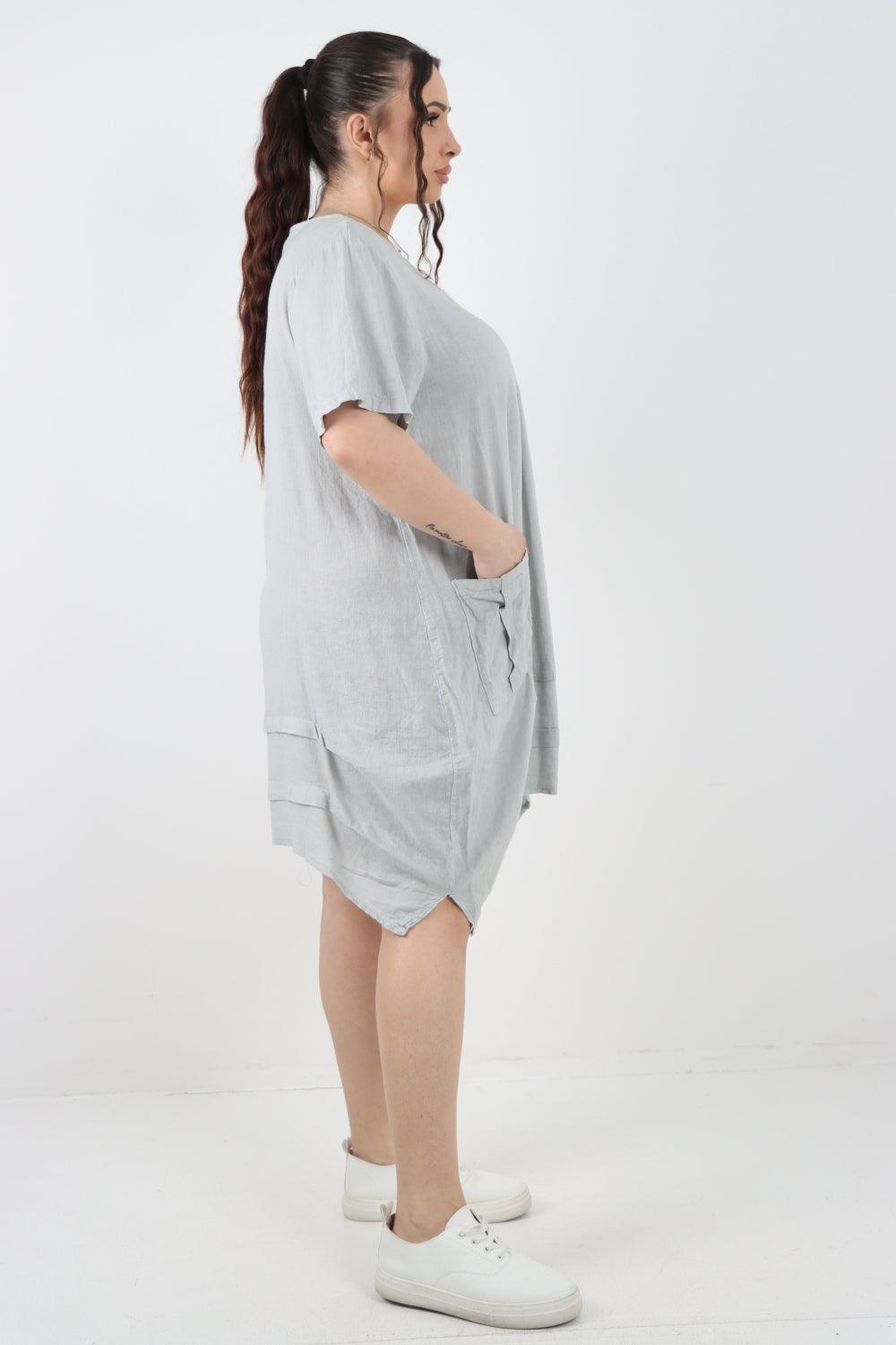 Panel Hem Front Pocket Linen Dress - Lashra Fashion