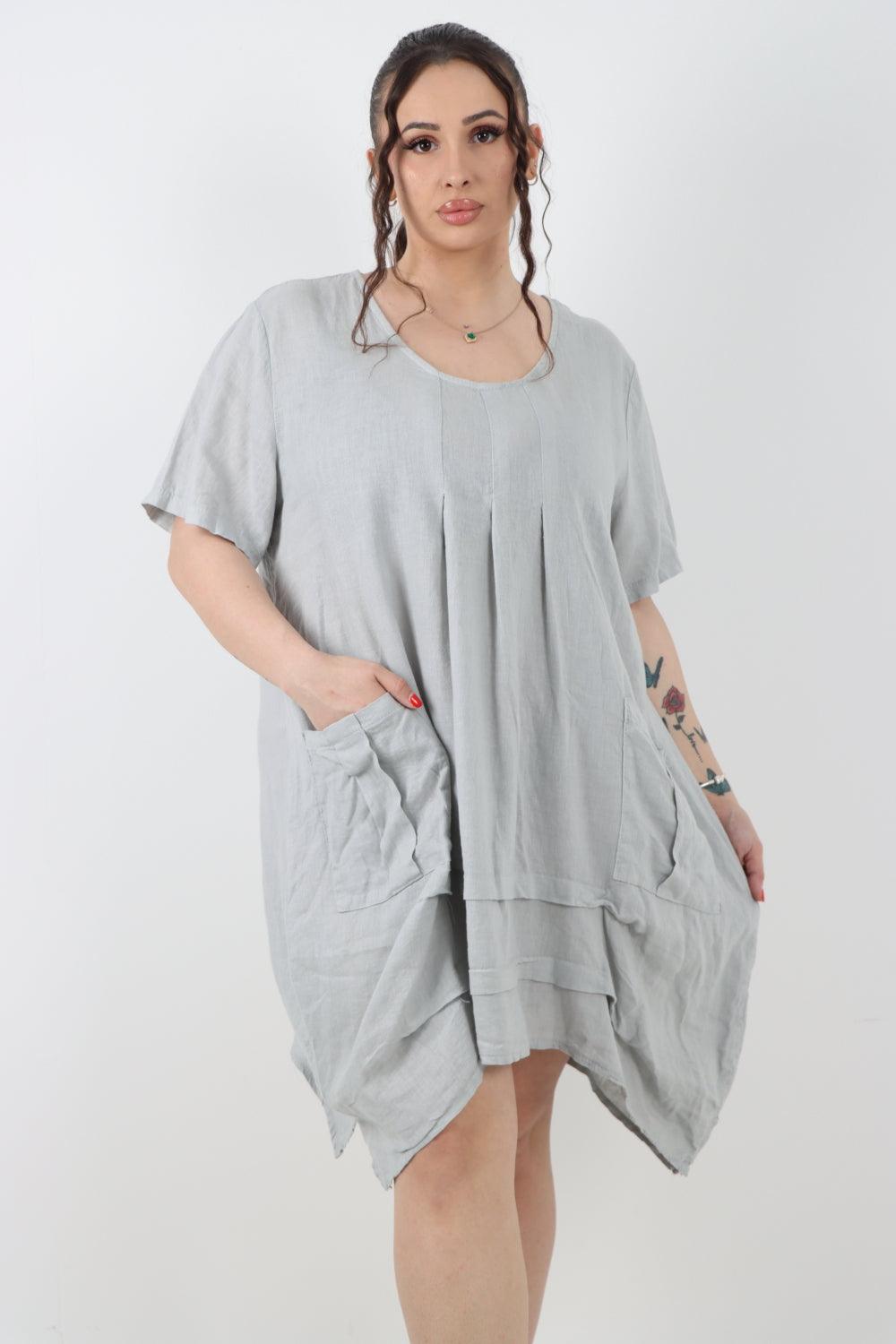 Panel Hem Front Pocket Linen Dress - Lashra Fashion