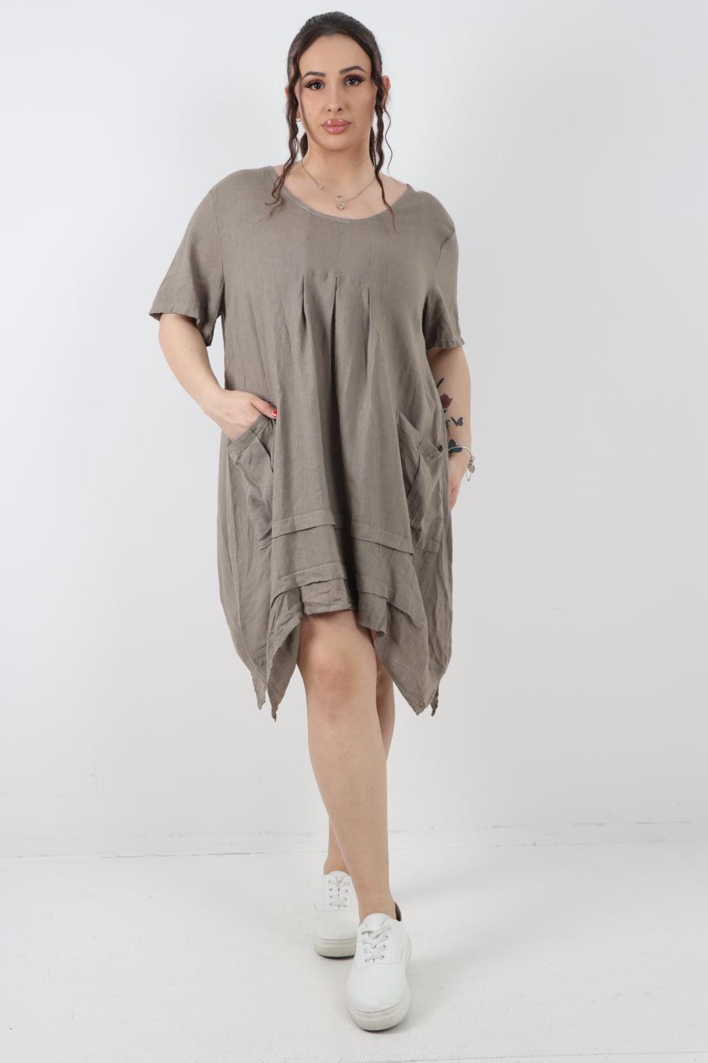 Panel Hem Front Pocket Linen Dress - Lashra Fashion