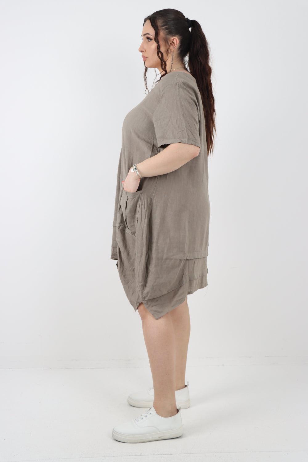 Panel Hem Front Pocket Linen Dress - Lashra Fashion