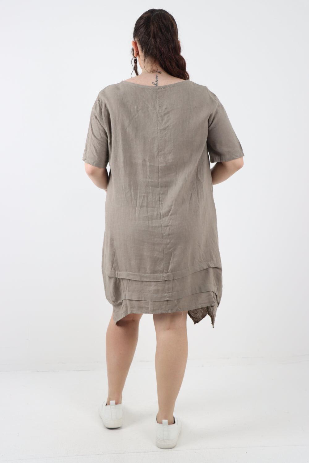 Panel Hem Front Pocket Linen Dress - Lashra Fashion