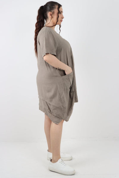 Panel Hem Front Pocket Linen Dress - Lashra Fashion