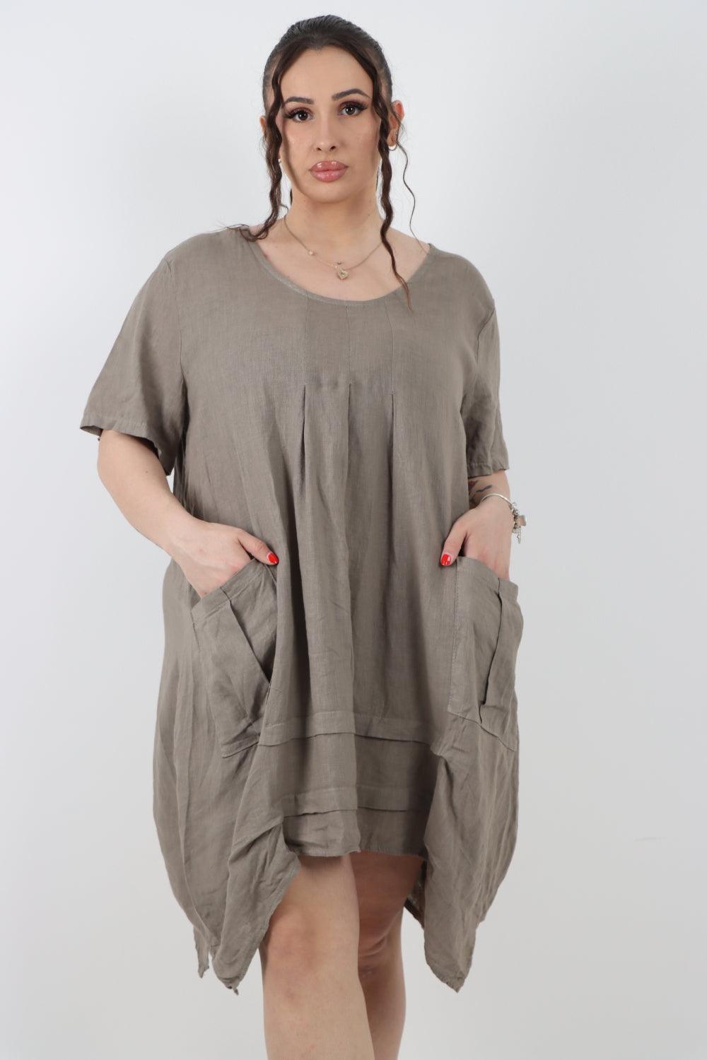 Panel Hem Front Pocket Linen Dress - Lashra Fashion