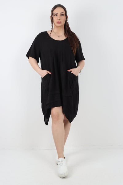 Panel Hem Front Pocket Linen Dress - Lashra Fashion