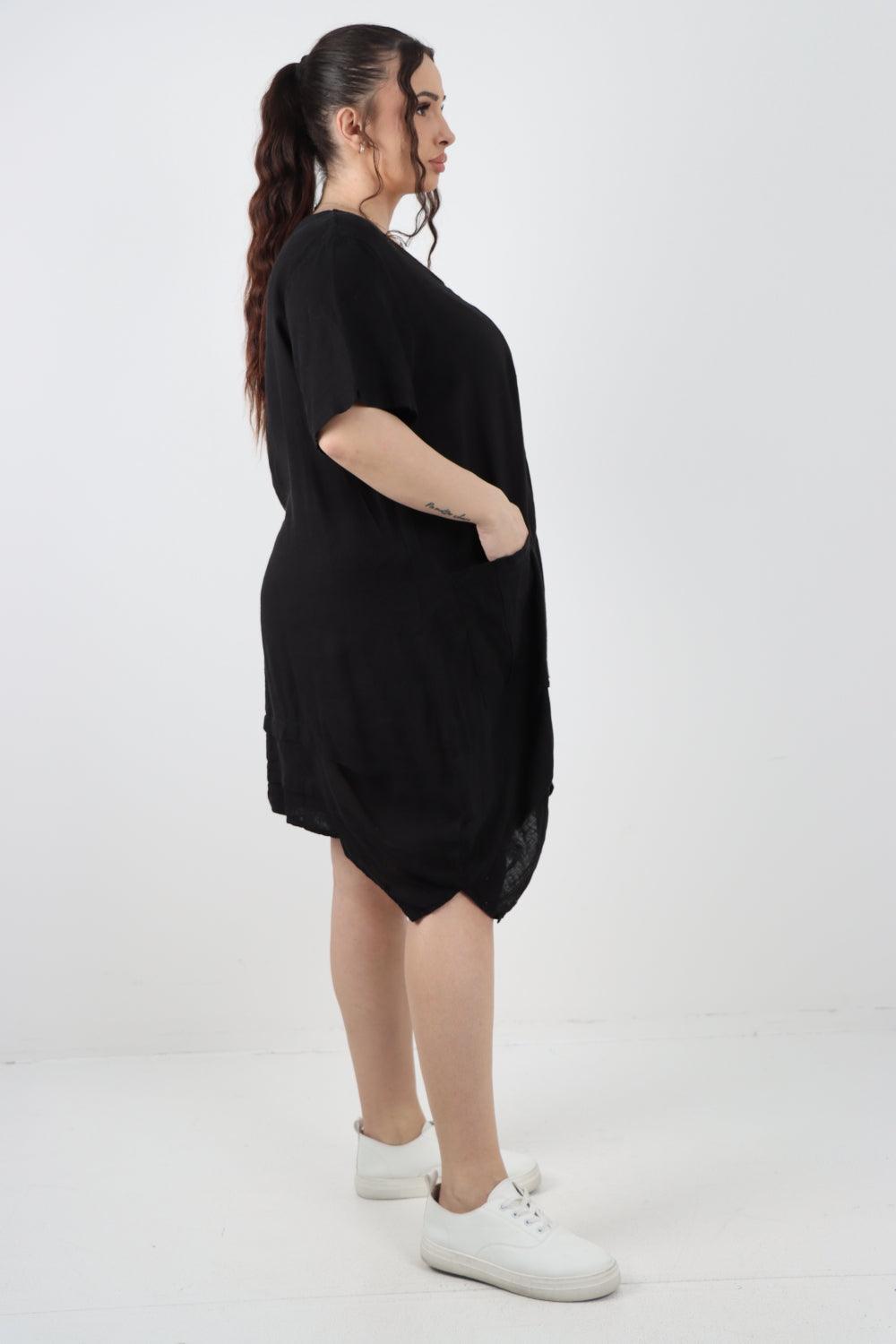 Panel Hem Front Pocket Linen Dress - Lashra Fashion