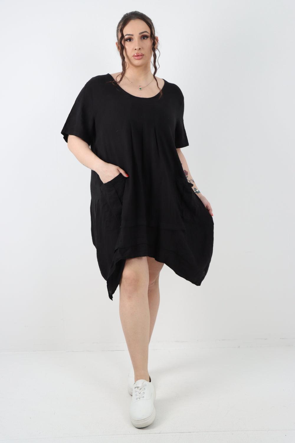 Panel Hem Front Pocket Linen Dress - Lashra Fashion