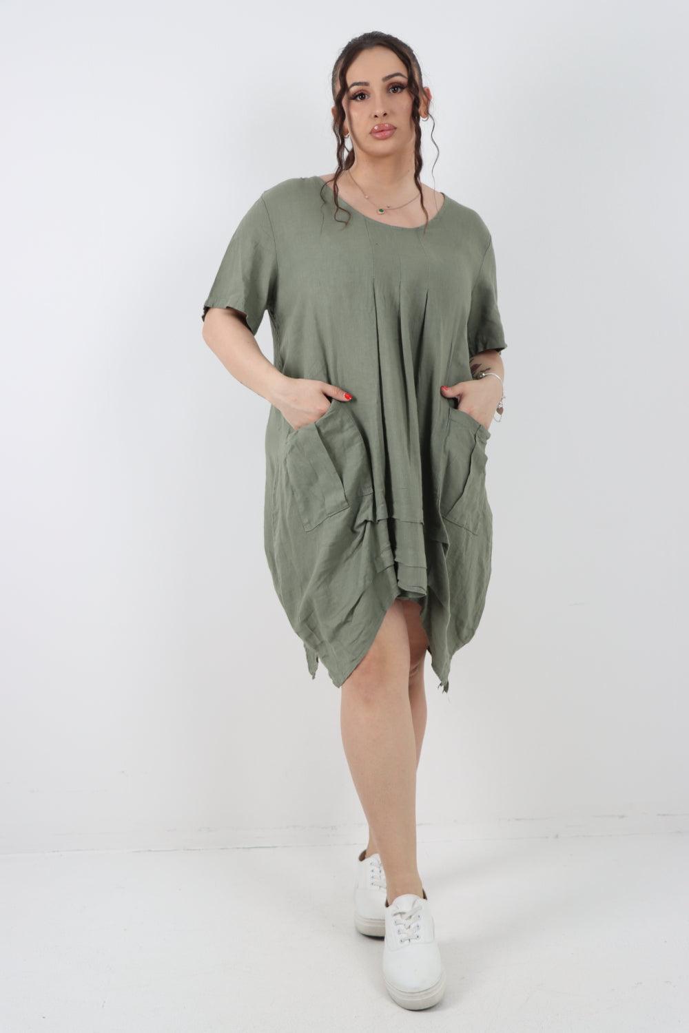 Panel Hem Front Pocket Linen Dress - Lashra Fashion