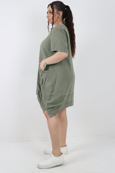 Panel Hem Front Pocket Linen Dress - Lashra Fashion