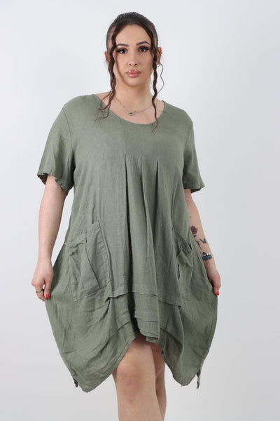 Panel Hem Front Pocket Linen Dress - Lashra Fashion