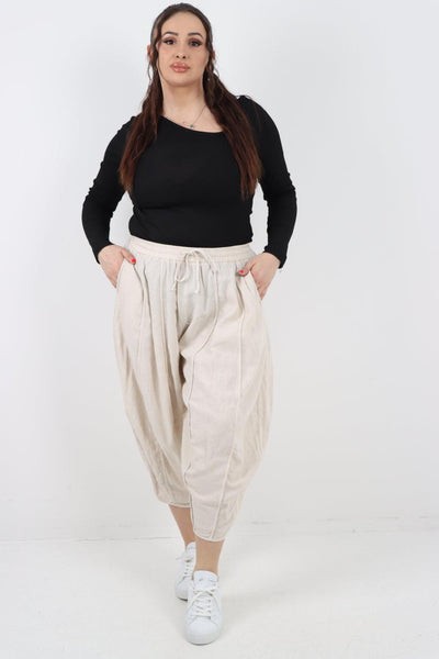 Elasticated Waist Drawstring Detail Cropped Linen Trouser - Lashra Fashion