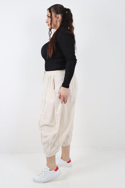 Elasticated Waist Drawstring Detail Cropped Linen Trouser - Lashra Fashion