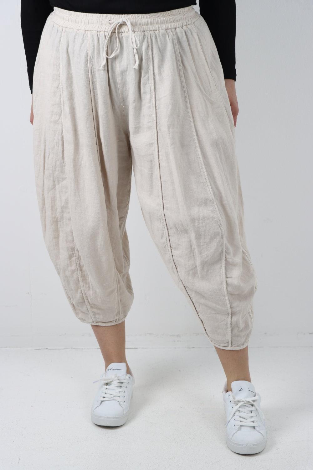 Elasticated Waist Drawstring Detail Cropped Linen Trouser - Lashra Fashion