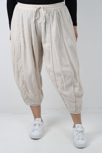 Elasticated Waist Drawstring Detail Cropped Linen Trouser - Lashra Fashion