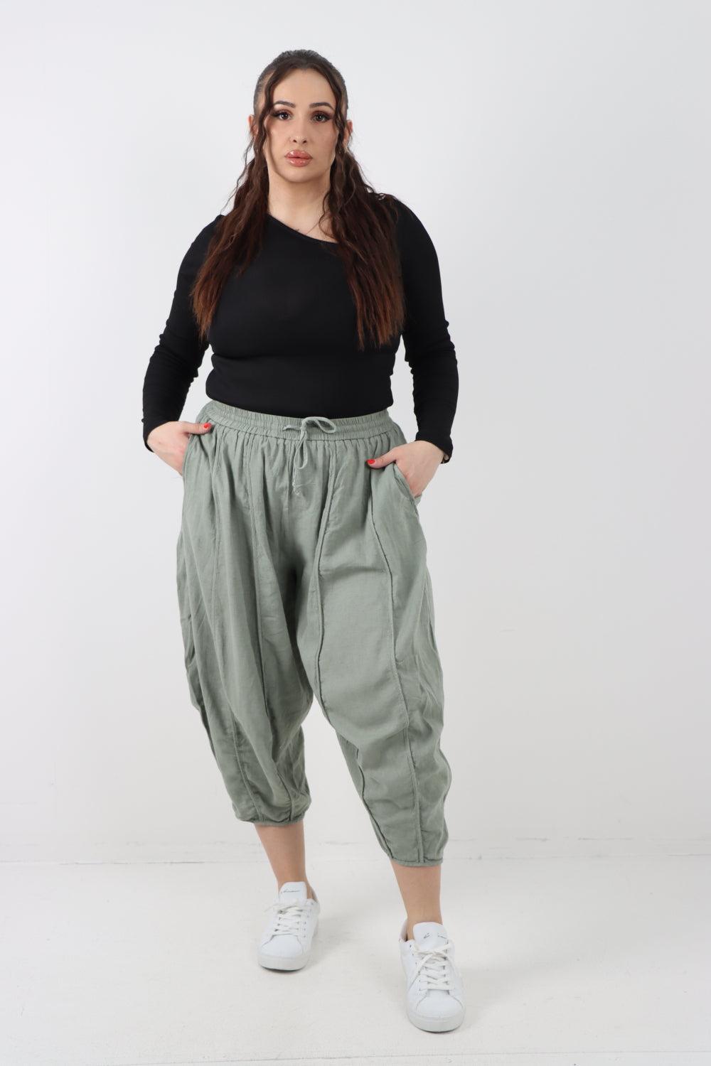 Elasticated Waist Drawstring Detail Cropped Linen Trouser - Lashra Fashion