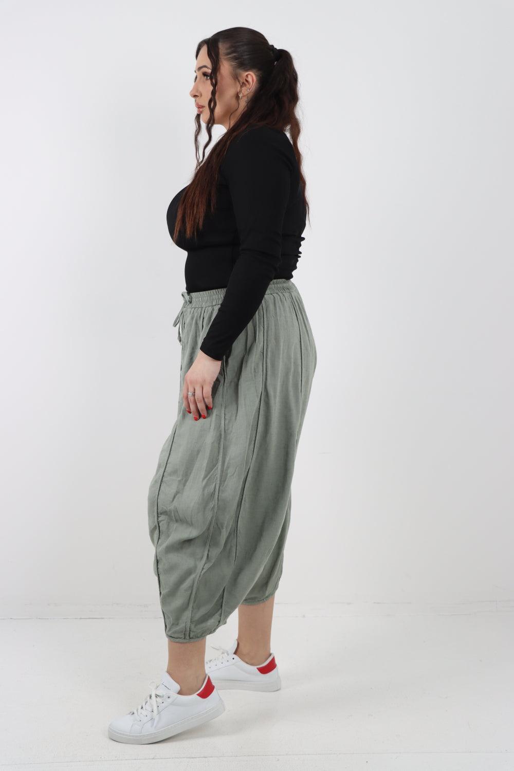 Elasticated Waist Drawstring Detail Cropped Linen Trouser - Lashra Fashion