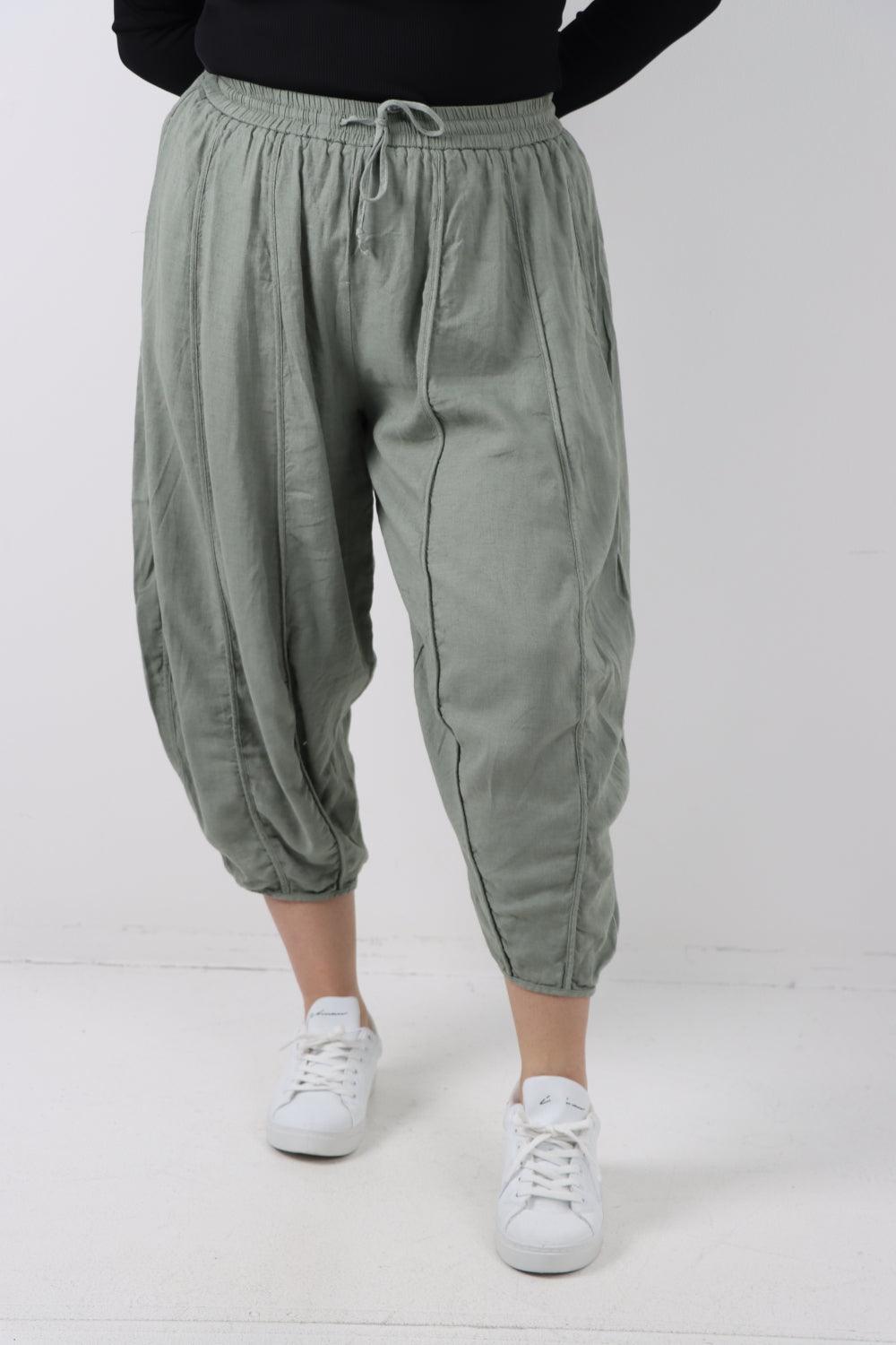 Elasticated Waist Drawstring Detail Cropped Linen Trouser - Lashra Fashion