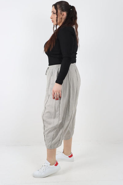 Elasticated Waist Drawstring Detail Cropped Linen Trouser - Lashra Fashion