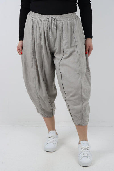 Elasticated Waist Drawstring Detail Cropped Linen Trouser - Lashra Fashion