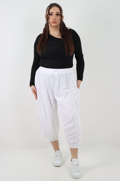 Elasticated Waist Drawstring Detail Cropped Linen Trouser - Lashra Fashion