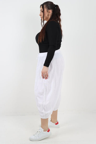 Elasticated Waist Drawstring Detail Cropped Linen Trouser - Lashra Fashion