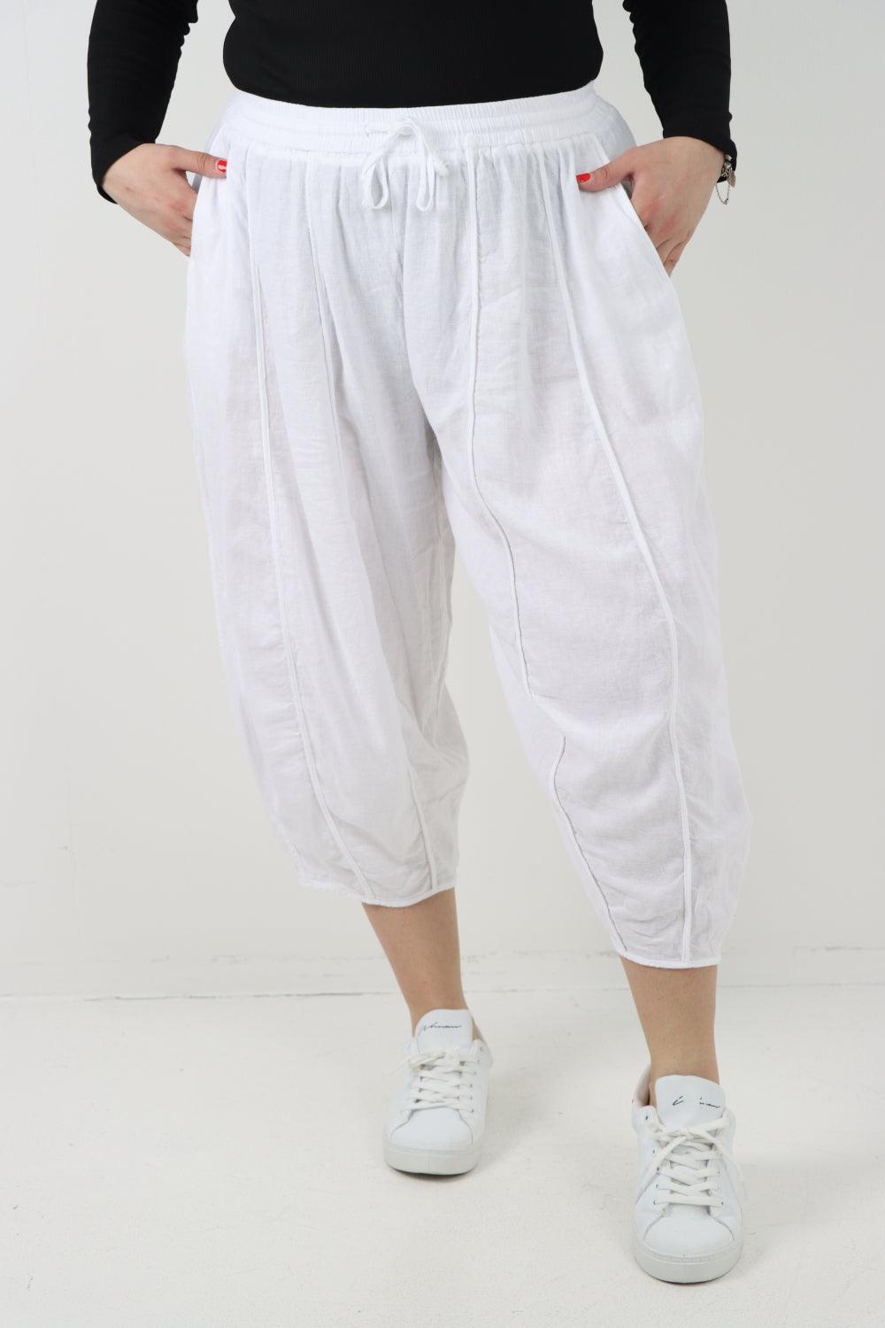 Elasticated Waist Drawstring Detail Cropped Linen Trouser - Lashra Fashion