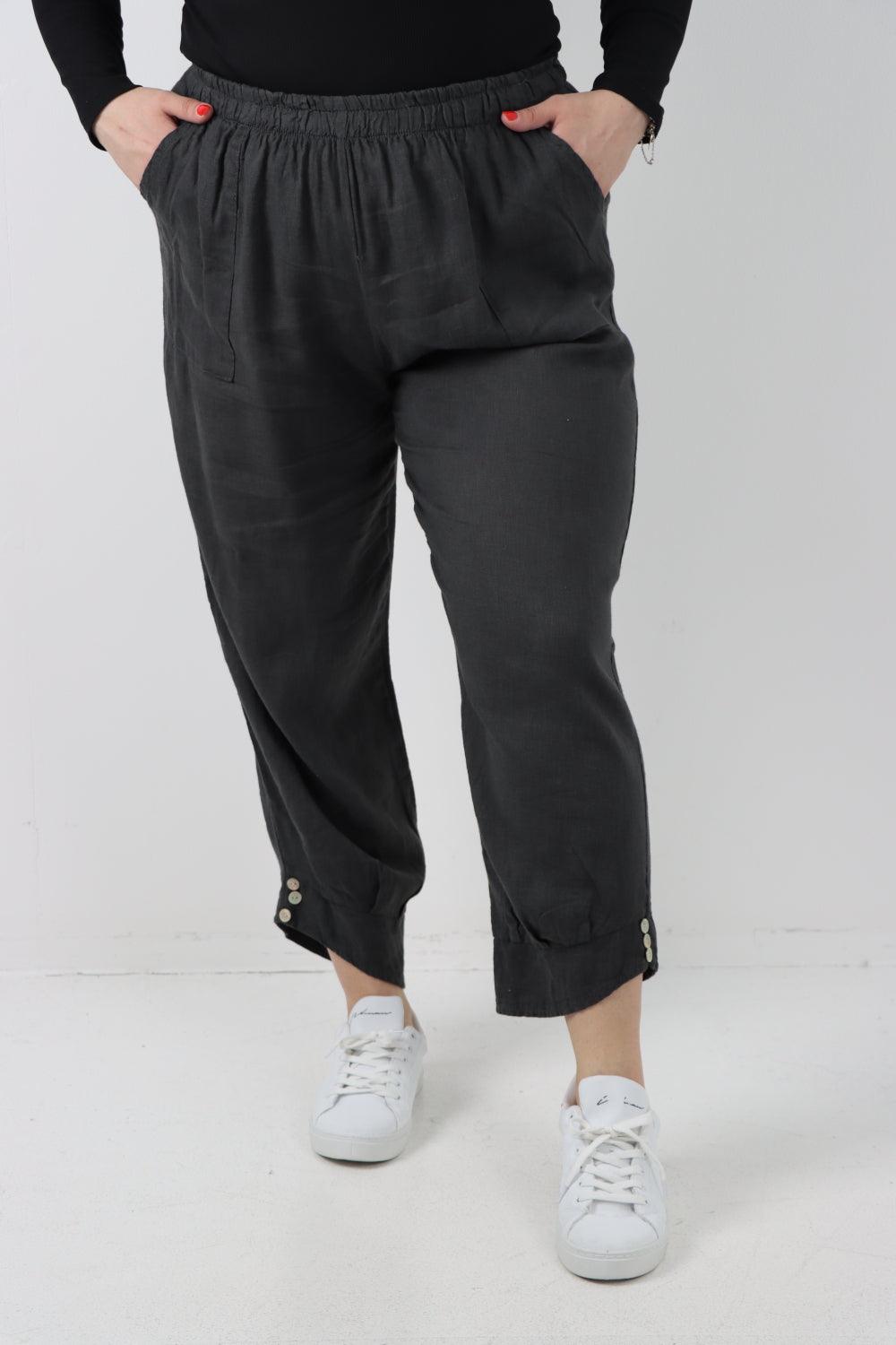 Button Detail Cuff Linen Trouser - Lashra Fashion