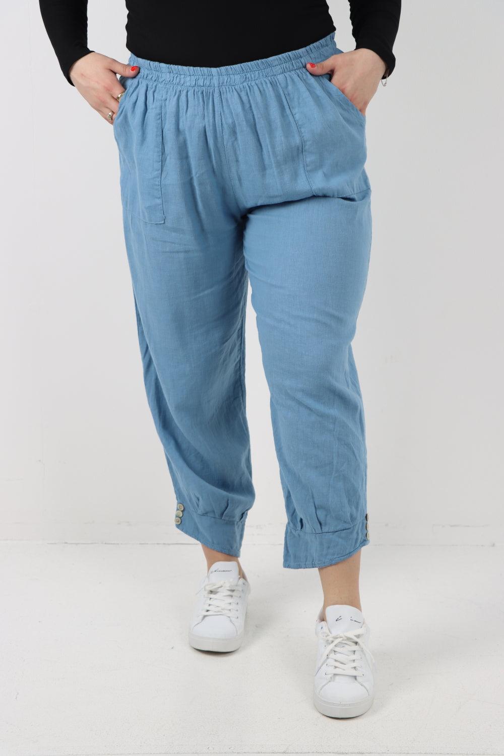 Button Detail Cuff Linen Trouser - Lashra Fashion