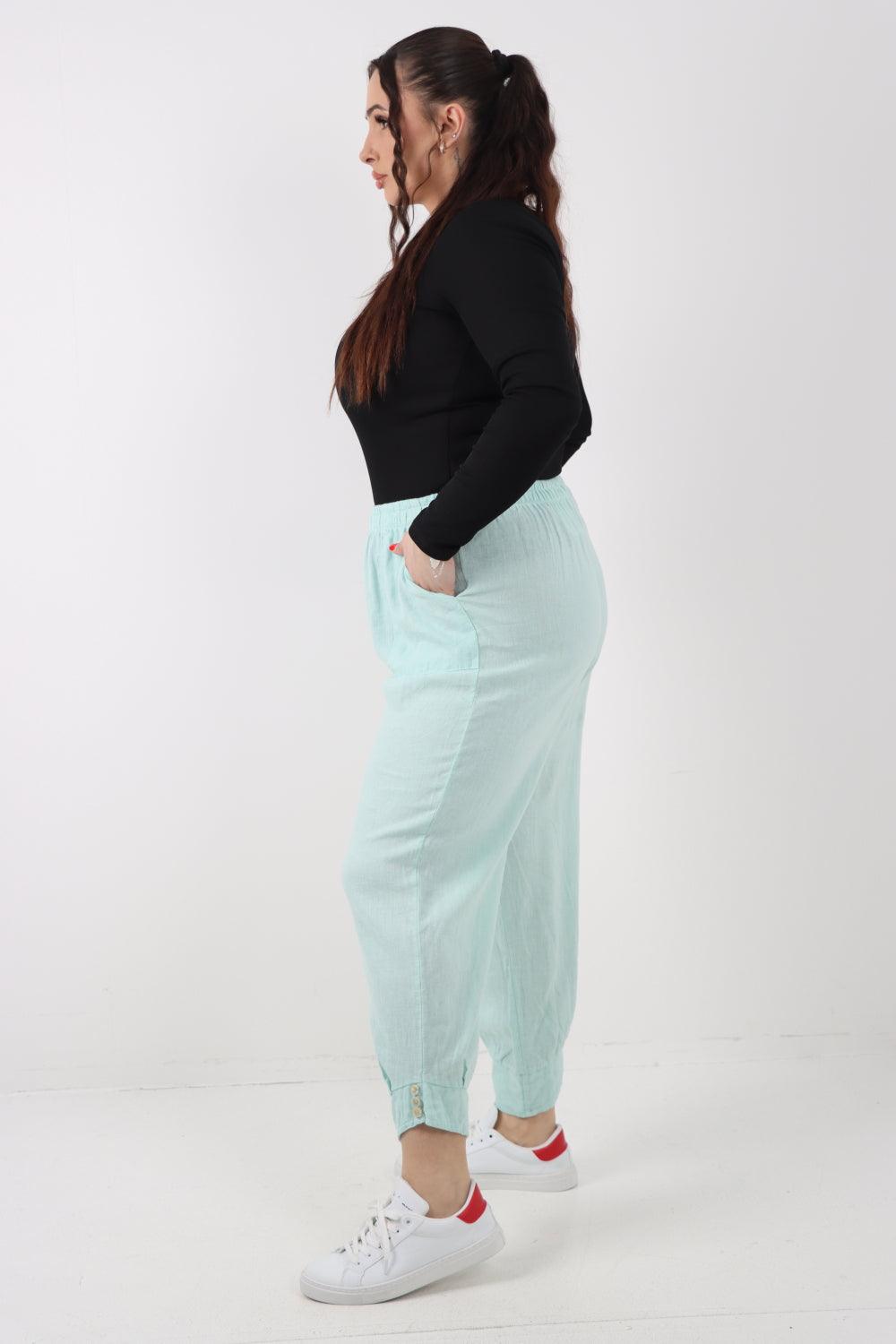 Button Detail Cuff Linen Trouser - Lashra Fashion