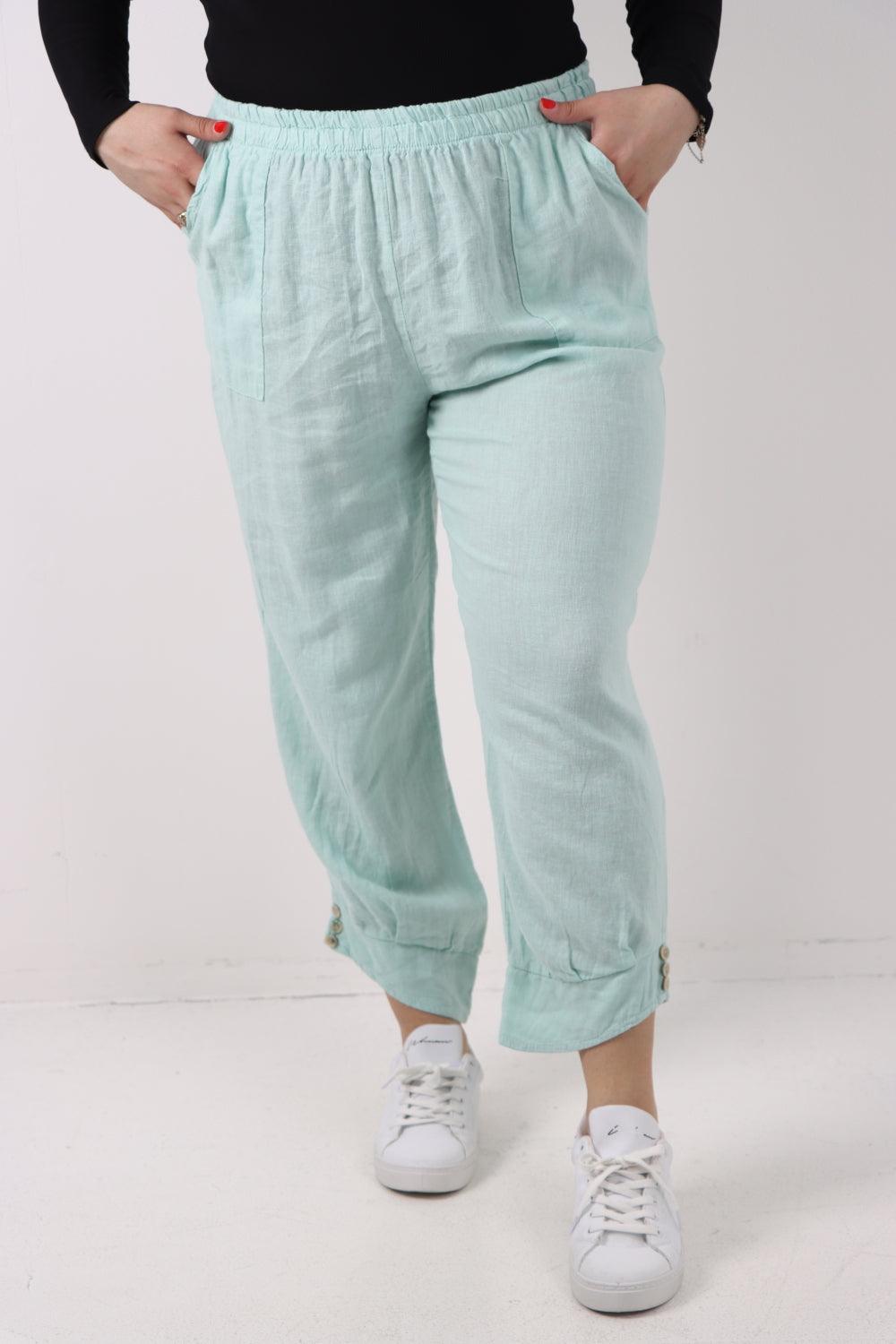 Button Detail Cuff Linen Trouser - Lashra Fashion