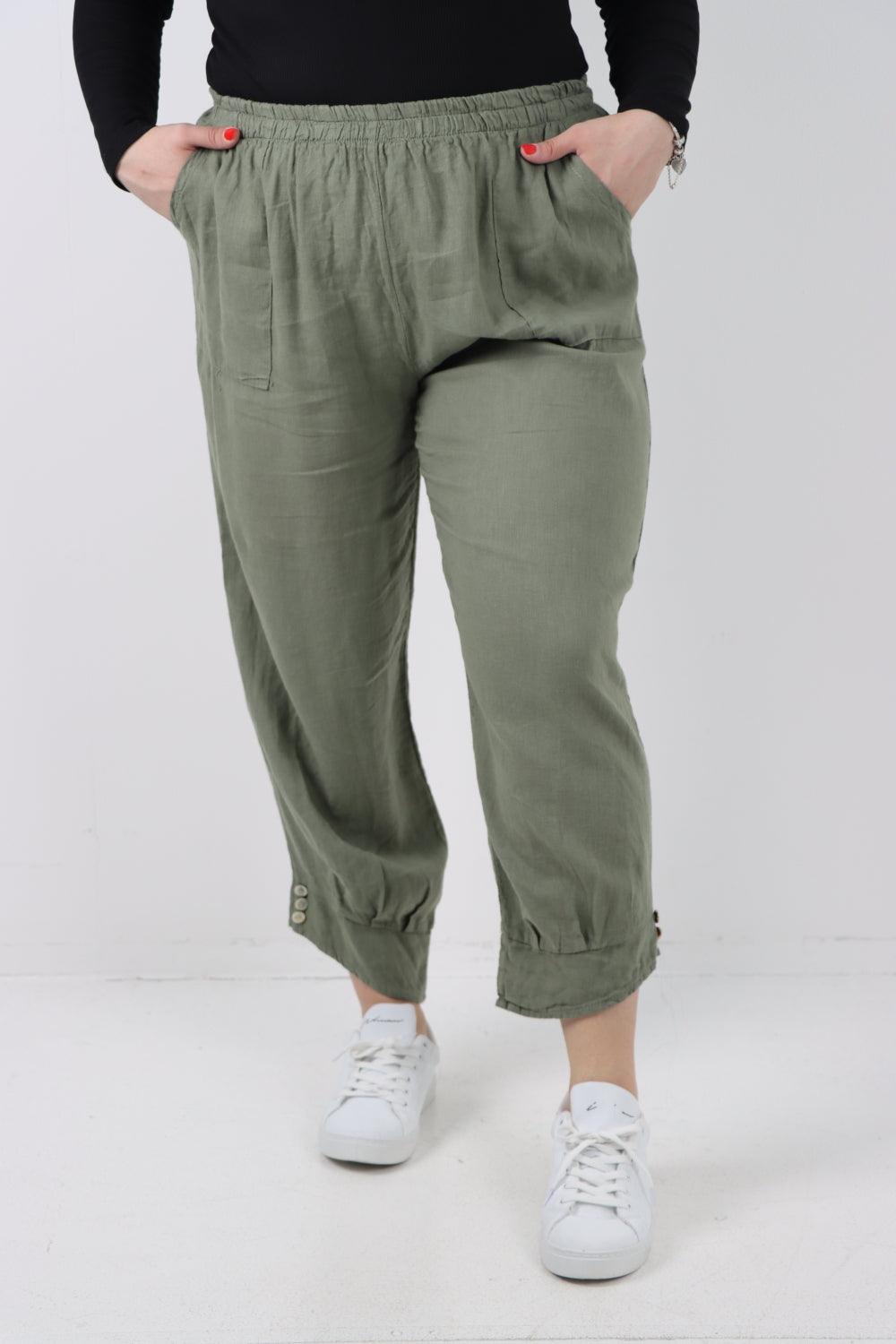 Button Detail Cuff Linen Trouser - Lashra Fashion