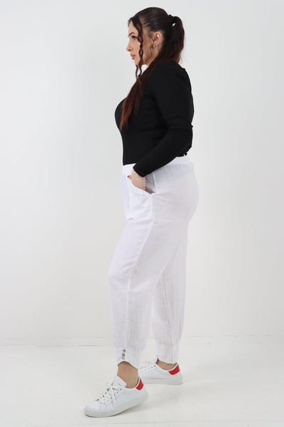 Button Detail Cuff Linen Trouser - Lashra Fashion