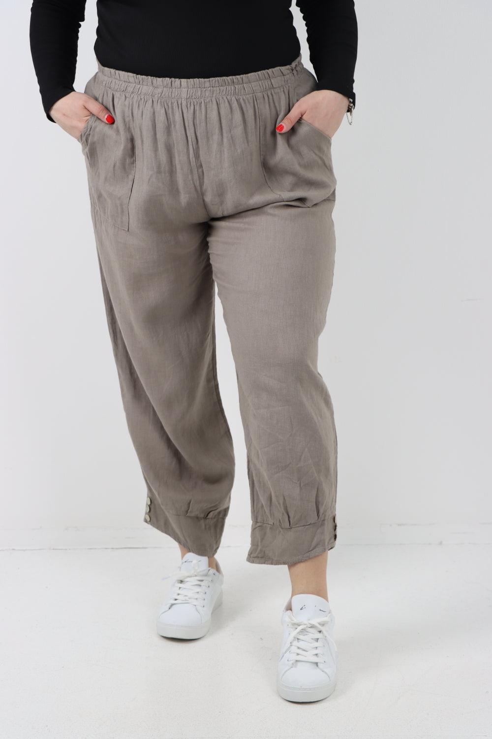 Button Detail Cuff Linen Trouser - Lashra Fashion