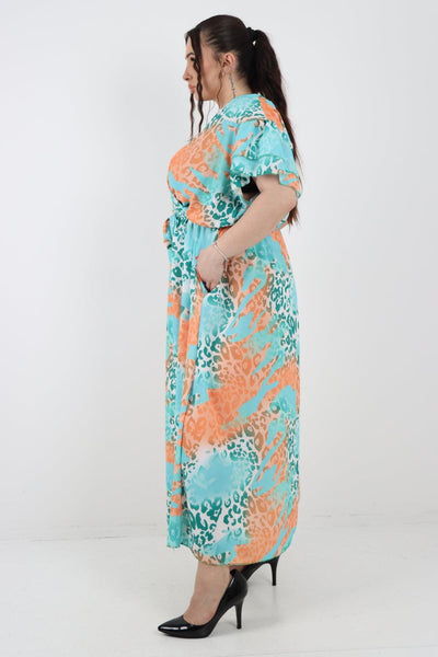 Cheetah Print Wrap Tie Fasten Maxi Dress - Lashra Fashion