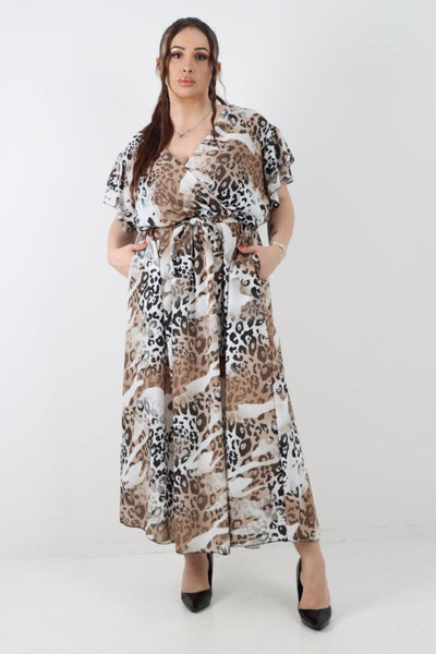 Cheetah Print Wrap Tie Fasten Maxi Dress - Lashra Fashion