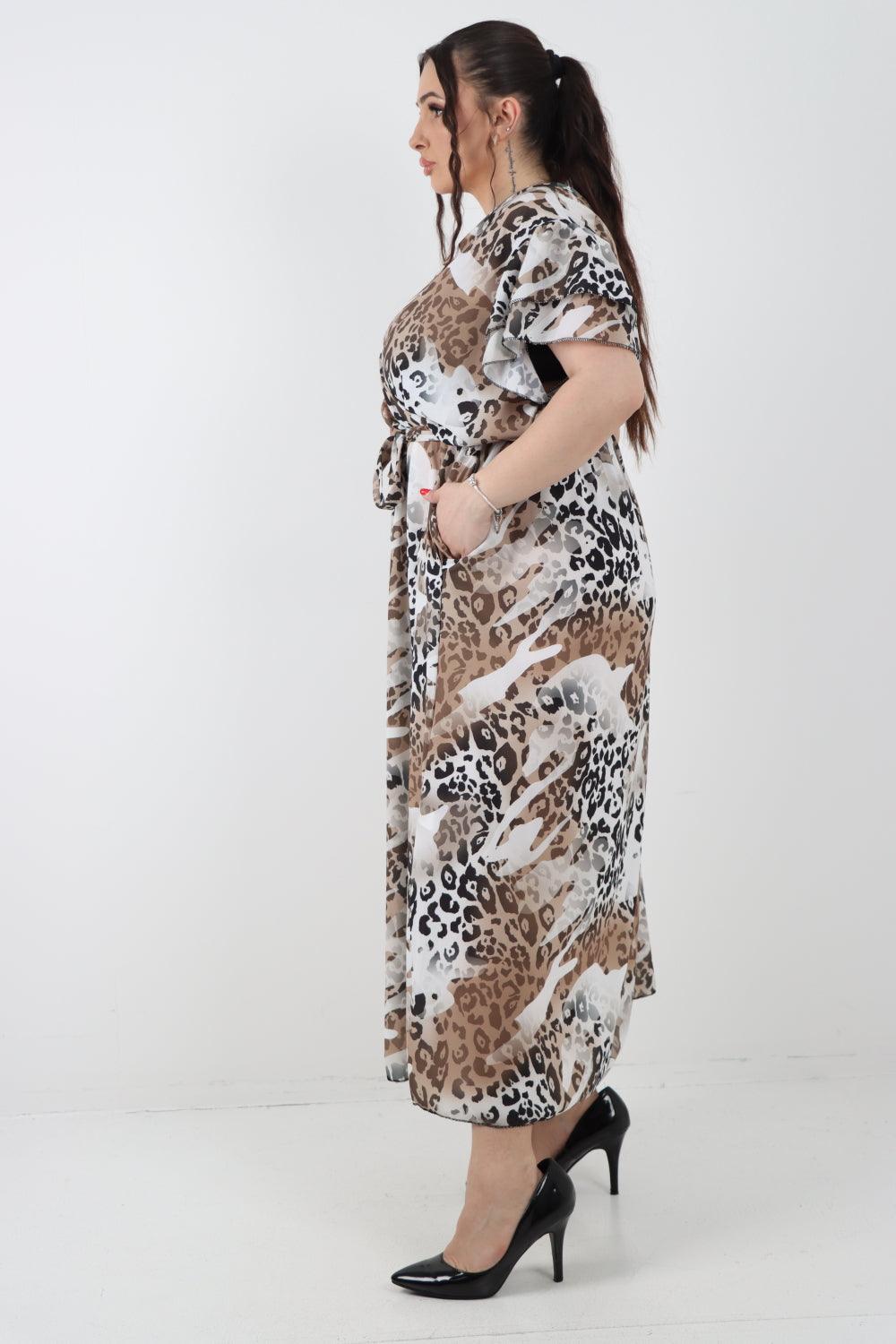 Cheetah Print Wrap Tie Fasten Maxi Dress - Lashra Fashion