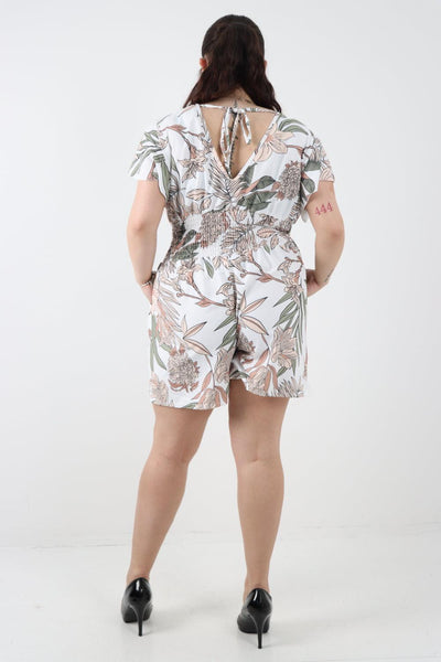 Tie Back Shirred Elasticated Waist Printed Playsuit - Lashra Fashion