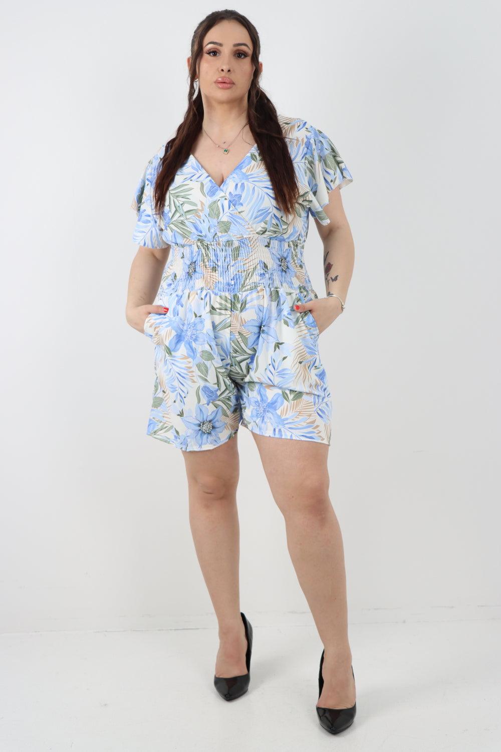 Tie Back Shirred Elasticated Waist Printed Playsuit - Lashra Fashion