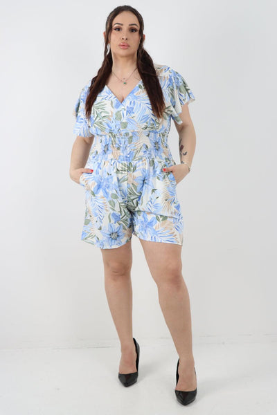 Tie Back Shirred Elasticated Waist Printed Playsuit - Lashra Fashion