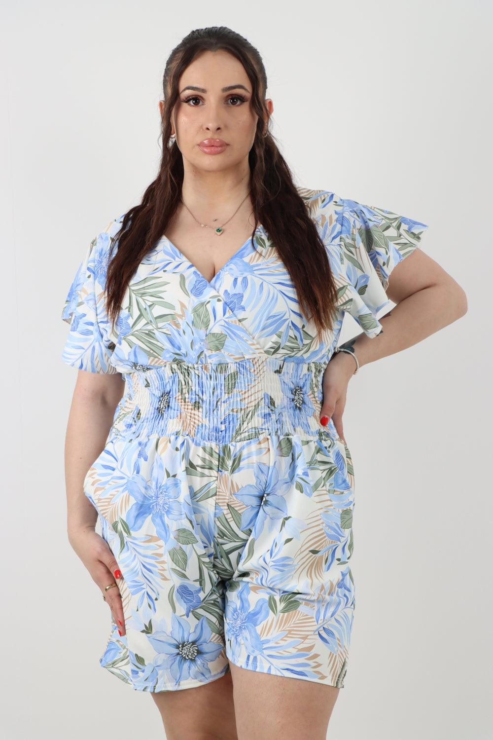 Tie Back Shirred Elasticated Waist Printed Playsuit - Lashra Fashion