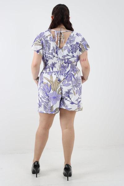 Tie Back Shirred Elasticated Waist Printed Playsuit - Lashra Fashion