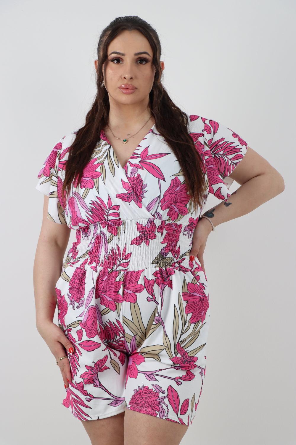 Tie Back Shirred Elasticated Waist Printed Playsuit - Lashra Fashion